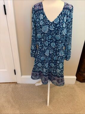 Lucky Brand Blue Paisley V-Neck Long Sleeve Dress